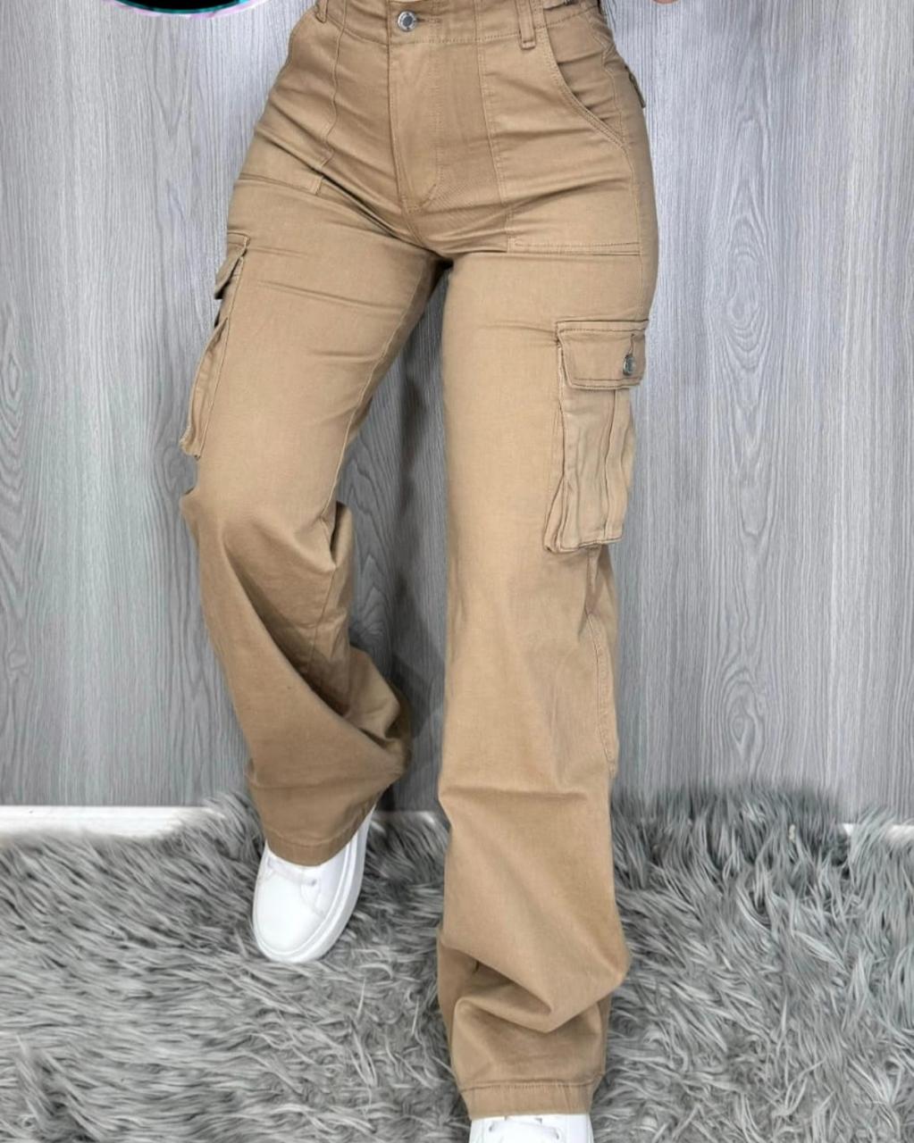 Jeans Cargo Beige de Tiro Alto