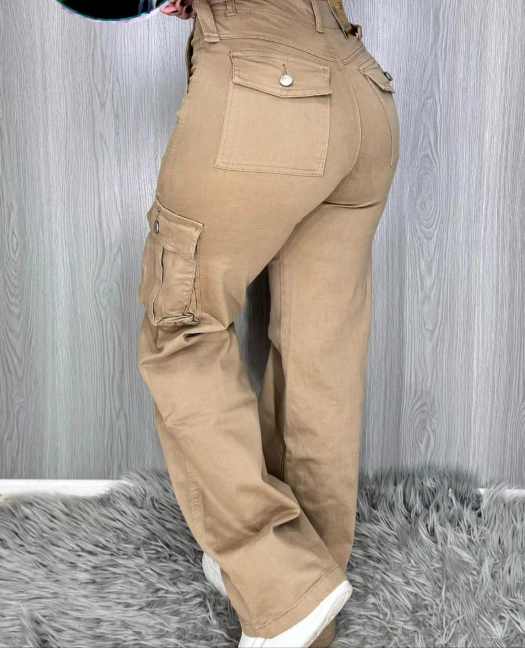 Jeans Cargo Beige de Tiro Alto